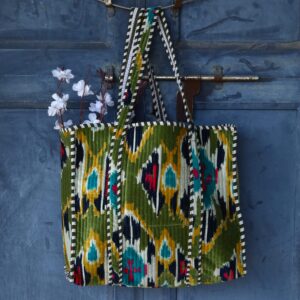 Stylish Abstract Design Cotton Velvet Quilted Shopping Tote Bag In Green